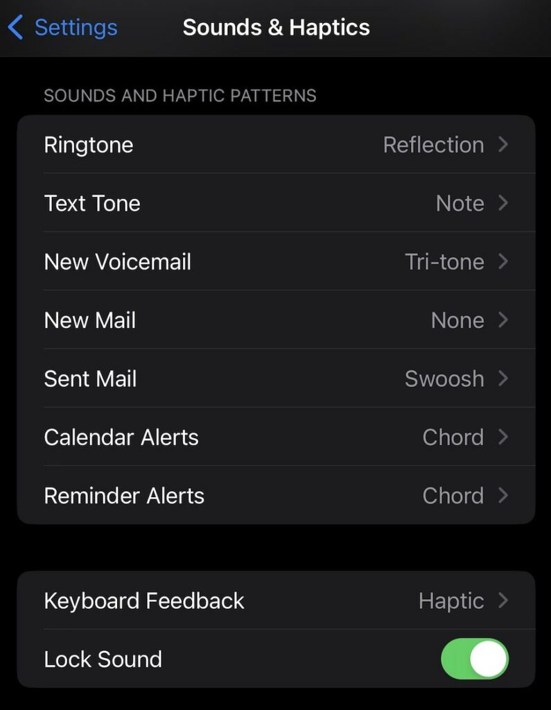 iPhone haptics settings page