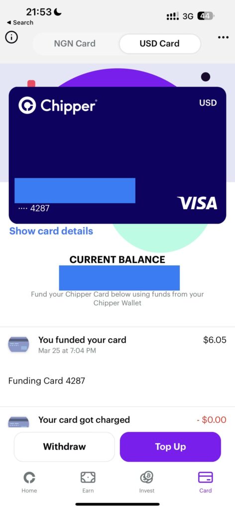 Image 1: A screenshot of the virtual Visa card page on the Chipper app